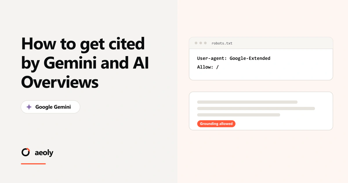 A card reading How to get cited by Gemini beside a window showing the two lines of robots.txt that permit Google-Extended, and a stylised answer card below it carrying a Grounding allowed chip.