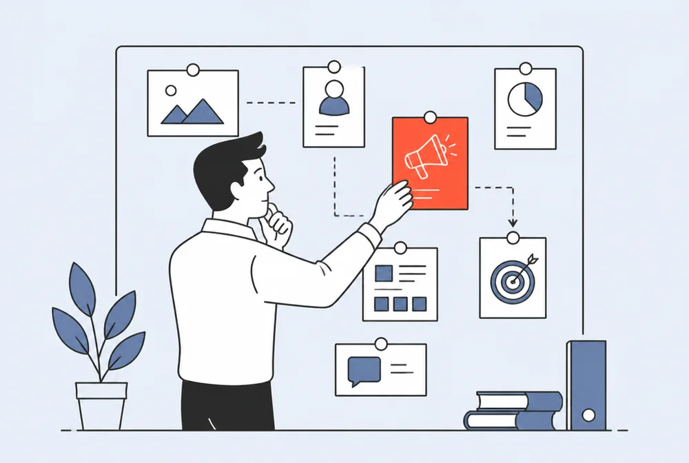 A marketer choosing the angle on a board of options